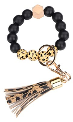 Sither Silikon Schlüsselanhänger Ring für Frauen Muster Schlüsselanhänger Armband Armreif mit Quaste Auto Schlüsselanhänger Halter für Mutter Geschenk, Leopardenmuster 4, Large