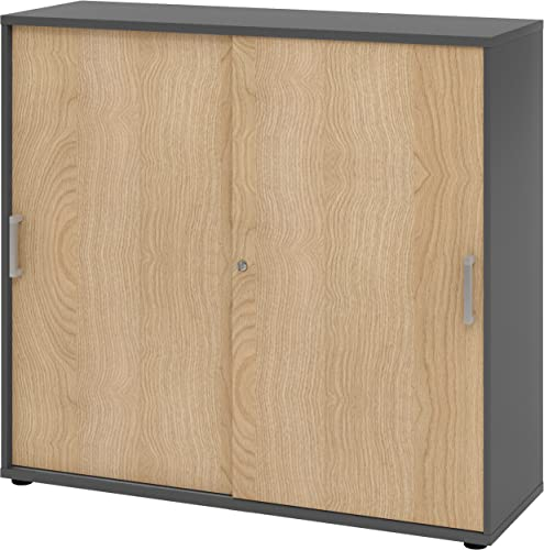 bümö Schiebetürenschrank 3OH - Aktenschrank abschließbar, Sideboard Schrank mit Schiebetüren in Graphit/Eiche, Chromgriff - Büroschrank aus Holz mit Schiebetür, Büro Kommode für Ordner & Co.
