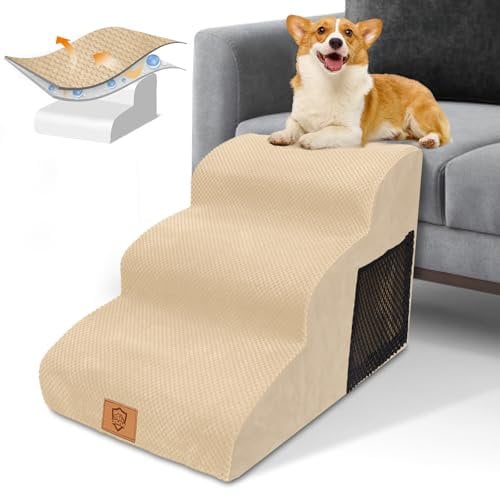 HEVOL Hundetreppe für Kleine Hunde, Hundetreppe 40cm Hoch aus Hochdichtem Schwamm, 3 Stufen Hunde Treppe Haustiertreppe für Bett und Sofa mit Waschbarem Bezug und Rutschfestem Boden, 60x40x40cm, Beige