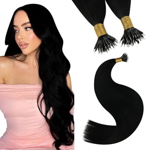 YoungSee Nanoring Extensions Echthaar Schwarz 50 cm Nano Extensions Echthaar Schwarz Nanoring Hair Extensions Invisible Echthaar Nanoring Extensions 1g/s Nano Beads Hair Extensions 50g #1