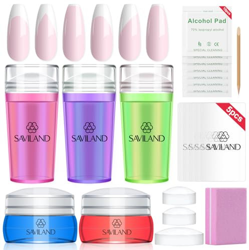 Saviland Nail Stamper Kit – 3+2 Long & Short French Nail Stamper and Replaceable Silicone Stamper Head Nail Scrapers Cleaning Pads Nail Art Tools Kit for Beginner DIY Nail Art Design Home Salon Use