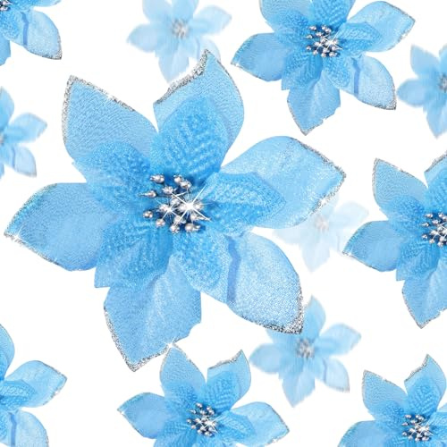 WILLBOND 24 Pcs Poinsettia Xmas,3.2/4/6 Inches,Lake Blue | Glitter Artificial Flowers for Tree Ornaments, Sparkle Mesh Faux Poinsettias, Indoor Outdoor Holiday Wreath Table Decor