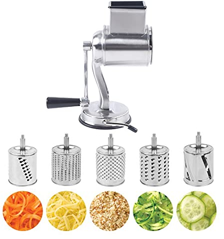 Gemüseschneider, Multifunktionaler Edelstahl Trommelreibe Drehreibe Küchen Gemüseschneider Nussmühle, Käsereibe mit Kurbel, mit 5-Trommeln, für die Küche für Obst und Gemüse