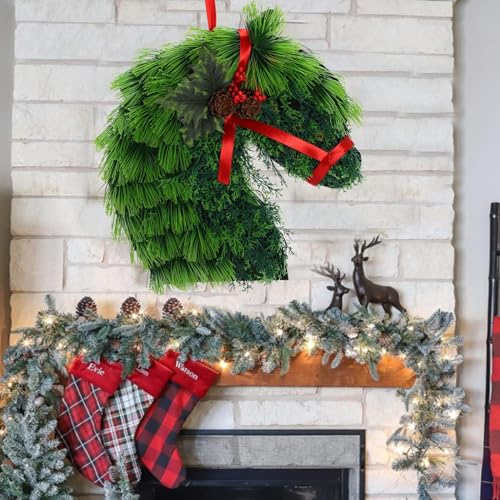 Weihnachtsdeko Wand Pferdekopf Skulptur Kranz Wandskulptur, Weihnacht Winterkranz Bauernhaus Pferde Wandbild Weihnachtskranz,Bauernkranz Weihnachtsdekoration Garten Deko Türschild (Green, One Size)