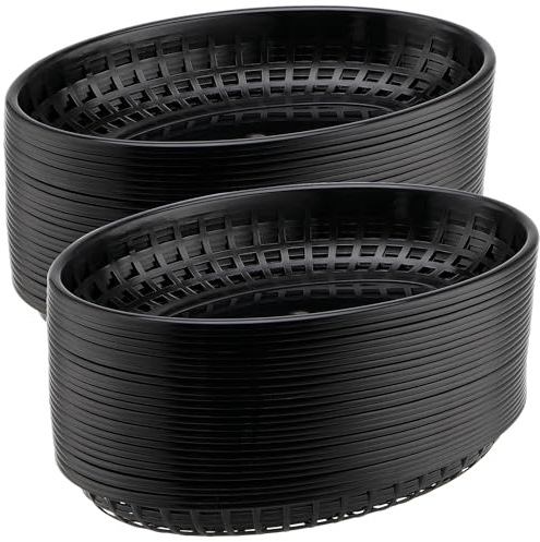 MAHIONG Paquete de 60 cestas de plástico ovaladas de comida rápida de 23 x 14,5 x 4 cm, bandejas de servicio de alimentos, paneras de plástico para perros calientes, hamburguesas, sándwiches, patatas