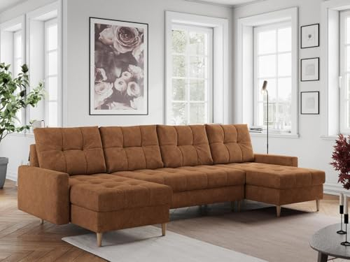 MKS MEBLE Sofa U-Form mit Schlaffunktion, Wohnlandschaft U-Form, Couch mit Schlaffunktion und Bettkasten, Schlafsofa mit Bettkasten, Couch mit Schlaffunktion - Orange Struktur Colin U