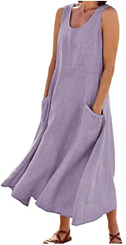 Langes Sommerkleid für Damen, Baumwolle, Leinen, ärmellos, elegant, fließend, Übergröße, locker, bequem, mit Taschen, #012 Lila, 5X-Groß