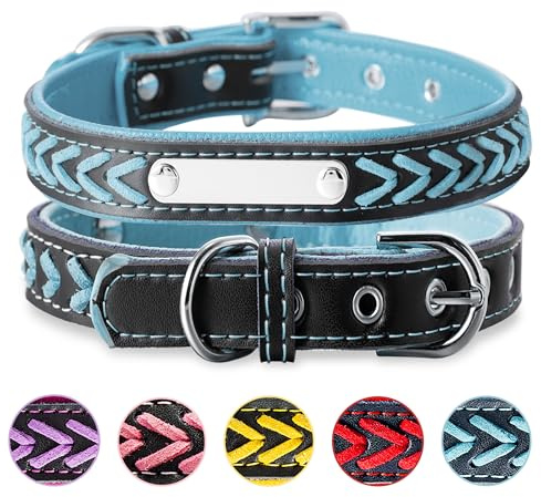 Buruslove Geflochtenes Leder Hundehalsband mit Gravur – Personalisiertes Halsband in Blau mit Namensschild, verstellbar und weich, für mittlere und große Hunde, Größe L