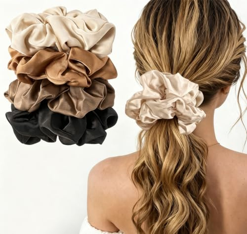 Lolalet Large Satin Hair Scrunchies For Women, 4 Pcs 5.9 Inch Big Hair Ties | Oversized Scrunchie, Elastic Ponytail Holders Elegant, Hair Accessories For Women Girls Daily Party Hairstyle Decoration