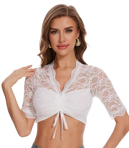 BATHRINS Dirndlbluse Damen Spitze Trachten Dirndlbluse Weiß Halbarm Dirndlblusen für Damen Oktoberfest Trachten Bluse(Weiß,M)
