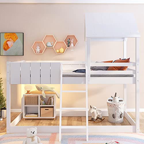 Wooden Cabin Beds, Treehouse Canopy, 3 FT Single Loft Bed with Ladder and Guard Rail, Mid-Sleeper Bunk Beds Shaped with Space-Saving Design(White-90 * 190 cm)