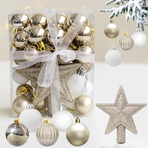 Weihnachtskugeln Set, 30 pcs Mini Weihnachtsdeko Kugeln Weiß & Gold, Christbaumkugeln Kunststoff 3CM, Weihnachtsbaum Christbaumschmuck Set Dekoration
