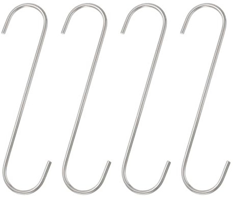 sourcing map 4pcs Long S Hooks 8 Inch Extra Long Metal S-Shaped Hanging Hooks High Manganese Steel S Hanger Storage Organizing Tool for Kitchen Garden Bathroom Garage Closet, Silver