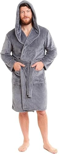 BLOOM BLENDS Mens Hooded Robe Super Soft Flannel Fleece Bathrobe Cozy Plush Dressing Gown Warm Apparel Luxury Lounge Wear for Men Bath Robes (UK, Alpha, One Size, Regular, Regular, L, Grey)