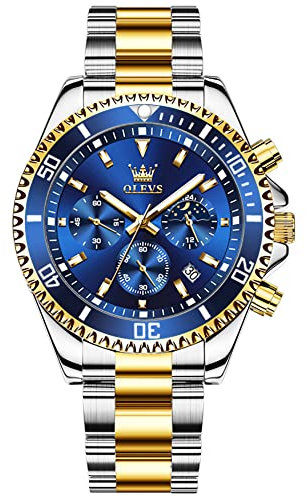 OLEVS Uhr Herren Gold Silber Edelstahlband Geschäft Luxus Herrenuhr Chronograph Großgesicht mit Datum Mode Blau Herrenuhren Wasserdicht Leuchtende Eleganz Analog Quarz Armbanduhr Herren