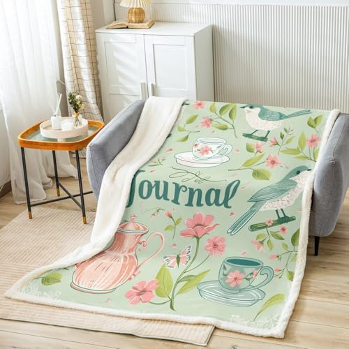 Homemissing Journal Fleece Throw Blanket for Bed Sofa Couch Kids Teapot Plush Blanket Queen 90x90Inch Birds Sherpa Blanket Decor Onion Green Fuzzy Blanket