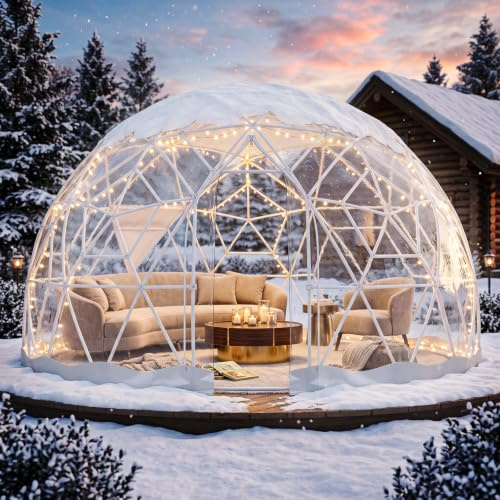 4.6 x 2.9m Gewächshaus Gartenkuppel Iglu, PVC Blasenzelt für 8-12 Per, Gartenblasenzelt mit 2x10m Lichterketten, Durchsichtiges Kuppelzelt für Hinterhof, Party, Valentinstag, Hochzeiten