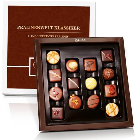 Pralinenbote Genussmanufaktur – Pralinenwelt Klassiker mit 14 handgefertigten Pralinen deutscher Chocolatiers, das Pralinen Geschenk – Ideal für Geburtstag, Kundengeschenk oder Firmengeschenk