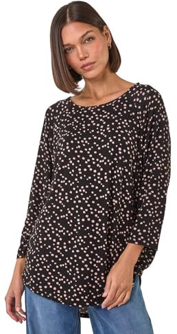 Roman Originals Stretchy Top for Women UK - Ladies Jersey Blouse Casual Tunic Work Smart 3/4 Length Sleeve Round Neck Boat Neckline Flattering Knit Knitwear Jumper - Stone Noir - Size 14