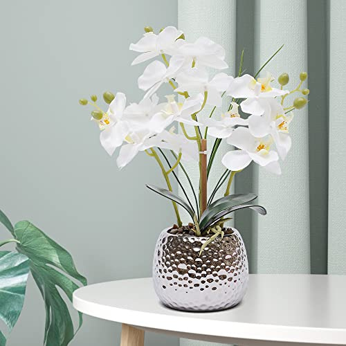 YEITBY Kunstpflanze Orchidee, Phalaenopsis mit Silber-farbigem Keramiktopf, Künstliche Orchideen im Topf, Künstliche Blumen im Topf, Kunstblumen im Topf, für Wohndekoration, Arbeitszimmer, Wohnzimmer