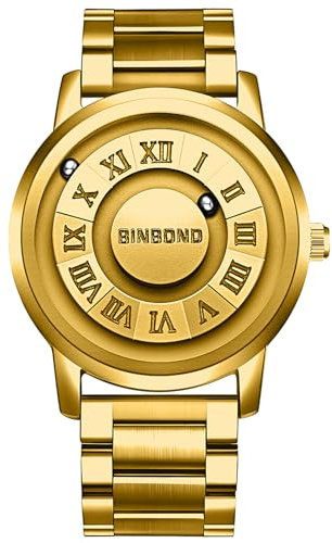 JewelryWe Herrenuhr Edelstahl Magnet Uhr: 30m Wasserdicht Kein Glas Kugellager Analog Quarz Armbanduhr Herren Gold Edelstahlarmband Spiegellose Magnetschwebe-Kugeluhr mit Römische Ziffern