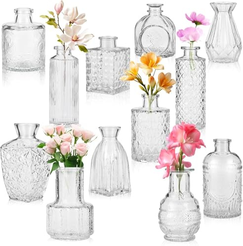 Juego de 12 jarrones pequeños de cristal vintage, varios tamaños, jarrón pequeño de cristal para decoración de mesa, decoración de boda, transparente