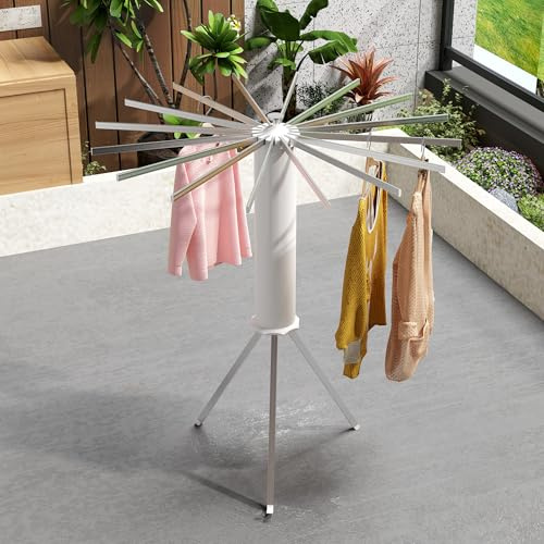Foldable Clothes Airer with 16 Rotatable Drying Arms – Portable Indoor Standing Drying Rack for Laundry, Camping, Caravan or Baby Clothes – Space-Saving, Lightweight and Sturdy for Small Homes