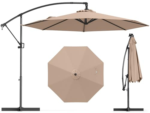 COSTWAY 3M Cantilever Garden Parasol, 8 Ribs Outdoor Offset Banana Hanging Umbrella with Crank Handle, Cross Base and Tilted Design, Water-proof Canopy Sunshade Shelter (Coffee+Black, 300 x 245 cm)