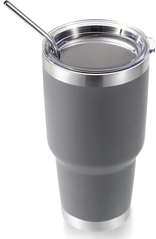 Volhoply 900ml 30oz Insulated Tumbler with Lid and Straw, Double Wall Inner & Outer 304 Stainless Steel Coffee Cup, Travel Mug Reusable Thermal Cup for Cold & Hot Drinks (Gray,1 Pack)