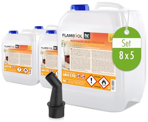 Flambiol 8 x 5 L Bioéthanol 96,6% Premium - Combustible pour Cheminée Bio | Pour Cheminée à Éthanol, Godets à Éthanol et Braséros au Bioéthanol - Combustion Propre Sans Fumée - Chaleur Immédiate