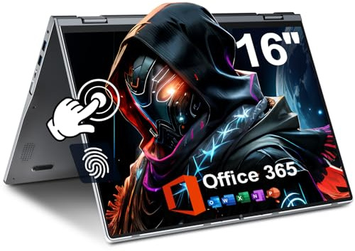 BTDD Celeron N95 - Computer portatile convertibile da 16 pollici con memoria RAM DDR5 da 640 GB, IPS FHD touchscreen a 360 gradi, tastiera retroilluminata, lettore di impronte digitali, Celeron N95, 1