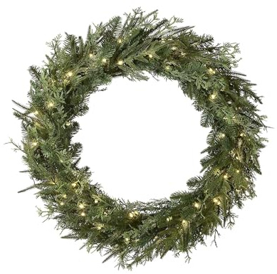 Pre-Lit Natural Fir Wreath, 76 cm – 675 PE Tips, 100 Warm White Micro-Wire LEDs, Battery Box with 8-Function Controller, Timer, 30 cm Lead Wire