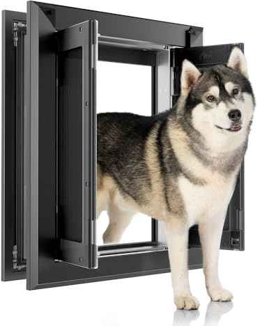 【PATAPLUS】 Aluminum French Large Dog Door, Heavy-Duty with Strong Double Magnetic Flaps & Aluminum Telescoping Tunnel, for Large/Medium Dogs Up to 110LBS - Black