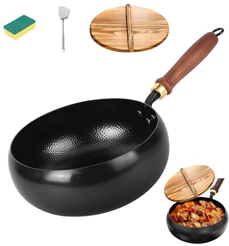 DZ'HUE Tsubame Sanjo Pfanne, Japanische Eisenpfanne, unbeschichtet, dickwandiger Eisentopf, schnell erhitzender Gusseisen-Wok, Holzgriff, geeignet für Gasherd und Induktionskochfeld (26cm)