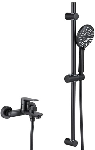 Auralum Badewannenarmatur Schwarz, Duschset mit 3-Funktionen Handbrause und 70cm Duschstange, Wannenarmatur aus Messing mit Wanneinlauf & 1,5m Duschschlauch, Duschsystem für Badewanne