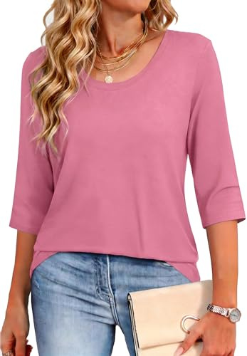 Crewhpo Maglia Donna Cotone Maniche Tre Quarti Scollo a U Casual Leggera | Tessuto Morbido, Scollo a U Pulito, Maniche Tre Quarti, Linea Comoda, Tinta Unita, Ufficio Tempo Libero Estate