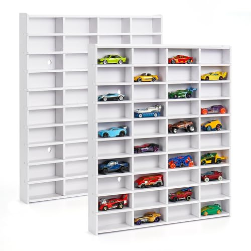Krafetto Display Regal Setzkasten für 40 Modellautos, Weiß 2 Stück | Autos Vitrine und Organizer für Spielzeugautos; zur Wandmontage und übersichtlichen Sammlung.