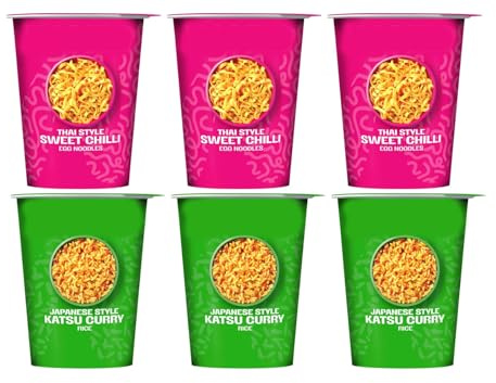 Thai Style Sweet Chilli Egg Noodles and Japanese Style Katsu Curry Rice Pot Snacks, Vegetarian, 78g,Pack Of 6