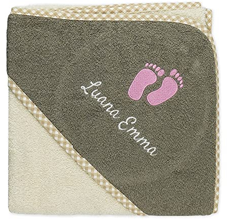 Wolimbo Kapuzenhandtuch personalisiert mit Namen und Motiv - beige-braun - 140x140 cm - für Baby und Kinder