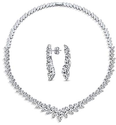 Collier En V De Style Vintage Avec Feuilles Marquise Étoilées Collier À Déclaration En Cz Aaa Ensemble De Bijoux Avec Boucles D'Oreilles Pendantes Assorties Pour Mariage Bal Concours Plaqué Argent.