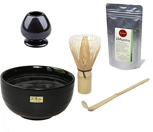 Matcha Tee Set - Japan Bio Matcha Pulver 40 g PLUS Original japanische Matcha Schale Aqua 400 ml PLUS Matcha Besen Chasen PLUS Besen Halter PLUS Bambuslöffel Chashaku