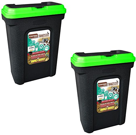 2 XPET FOOD STORAGE CONTAINER BLACK. HOLDS 15.5KG. GREEN LID. RUBBER SEAL.