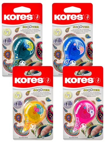 Kores - Scooter: Paisley Korrekturbandroller Maus für Schüler und Erwachsene, ein sich nicht ablösender trockener Korrekturroller mit Räderführung in Ergonomischer Form, Schul- 8m x 4,2 mm