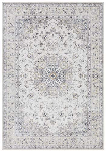 Elle Decoration Nain Orientalischer Teppich - Kurzflor Vintage-Look Orientalisch Ornamente-Muster Klassischer Orientteppich für Wohnzimmer Esszimmer Flur oder Schlafzimmer Hellgrau, 200x290cm