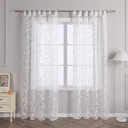 Delien Voile Ausbrenner Gardine mit Ranken Muster transparenter Vorhang mit Schlaufen Wohnzimmer Gardinenschals BxH 140x175cm Weiß 1 St.