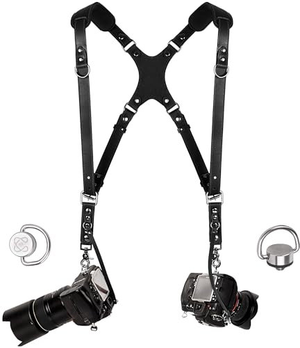 Camera Harness for 2 Cameras – Slim Dual Shoulder Leather Camera Strap – Camera Straps for Photographers, Safety Tether, Black, Adjustable