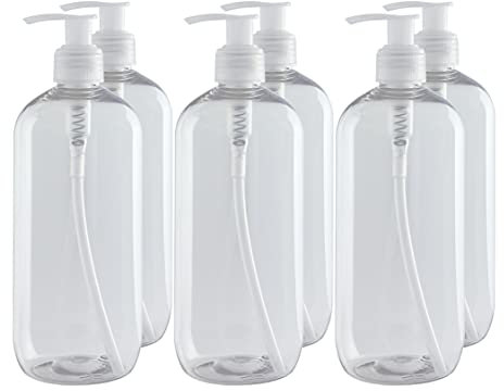 Bote dispensador de Gel rellenable 500 ml. Frasco dosificador hermético de plástico Pet Transparente para jabón, champú, lociones, hidroalcohol. (6 Unidades).