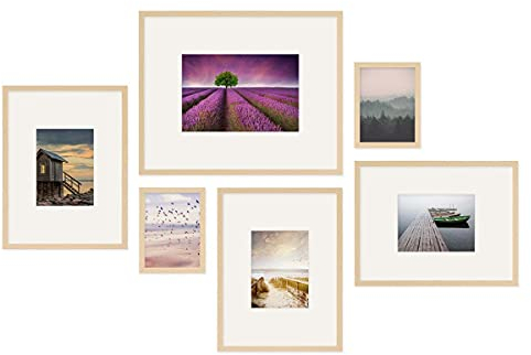 PHOTOLINI Bilderrahmen Set verschiedene Größen, 6 Natur MDF Holz Bilderrahmen mit Passepartout, Bilder Rahmen mit Acrylglas, No.6 Bilderrahmenset zum Aufhängen, Fotowand Fotorahmen Set & Zubehör