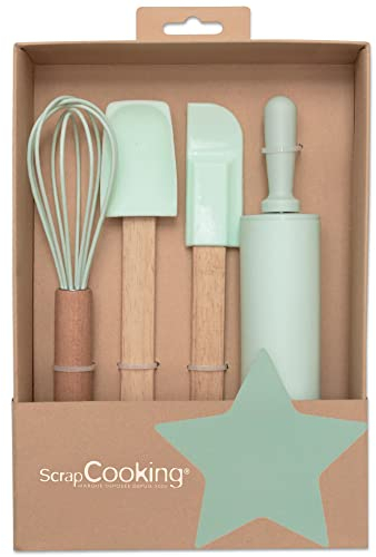 ScrapCooking - Kit Ustensiles Pâtisserie pour Enfants - Coffret Cadeau 4 Ustensiles : Fouet, Spatule, Cuillère, Rouleau - Bois & Silicone - pour Gâteaux, Biscuits - 1136, Vert