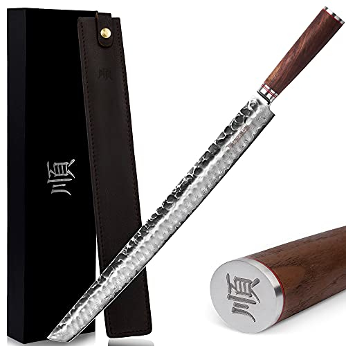 YOUSUNLONG Couteau Sakimaru 430mm Ultimate Yanagiba Knife Sujihiki Knife Convient pour couper de gros saumons de thon Maguro - Manche en noyer naturel avec étui en cuir Coffret cadeau